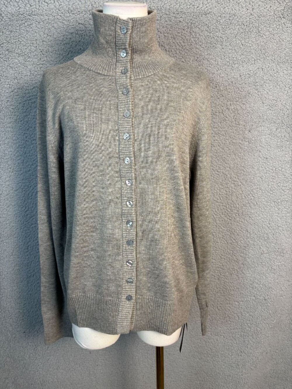 Ciovkis Women's Merino Wool Blend Cardigan Mock Neck Long Sleeve Gray Lg NWTs